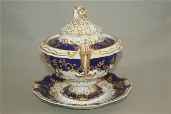 A Ridgway sauce tureen, cover and integral stand, and a Derby King Street works dessert dish, 19th century, 23.5cm